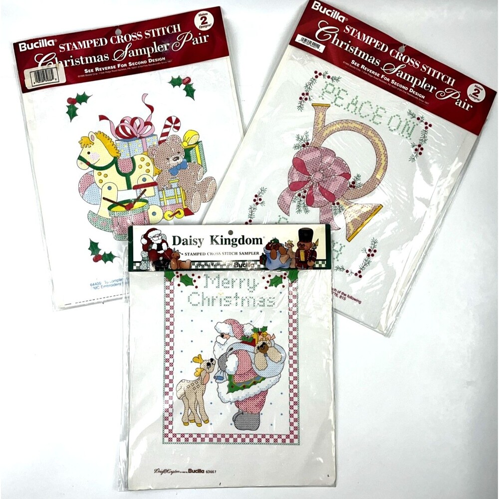 3 VTG  BUCILLA Christmas Stamped Cross stitch Samplers 1991 Special Edition